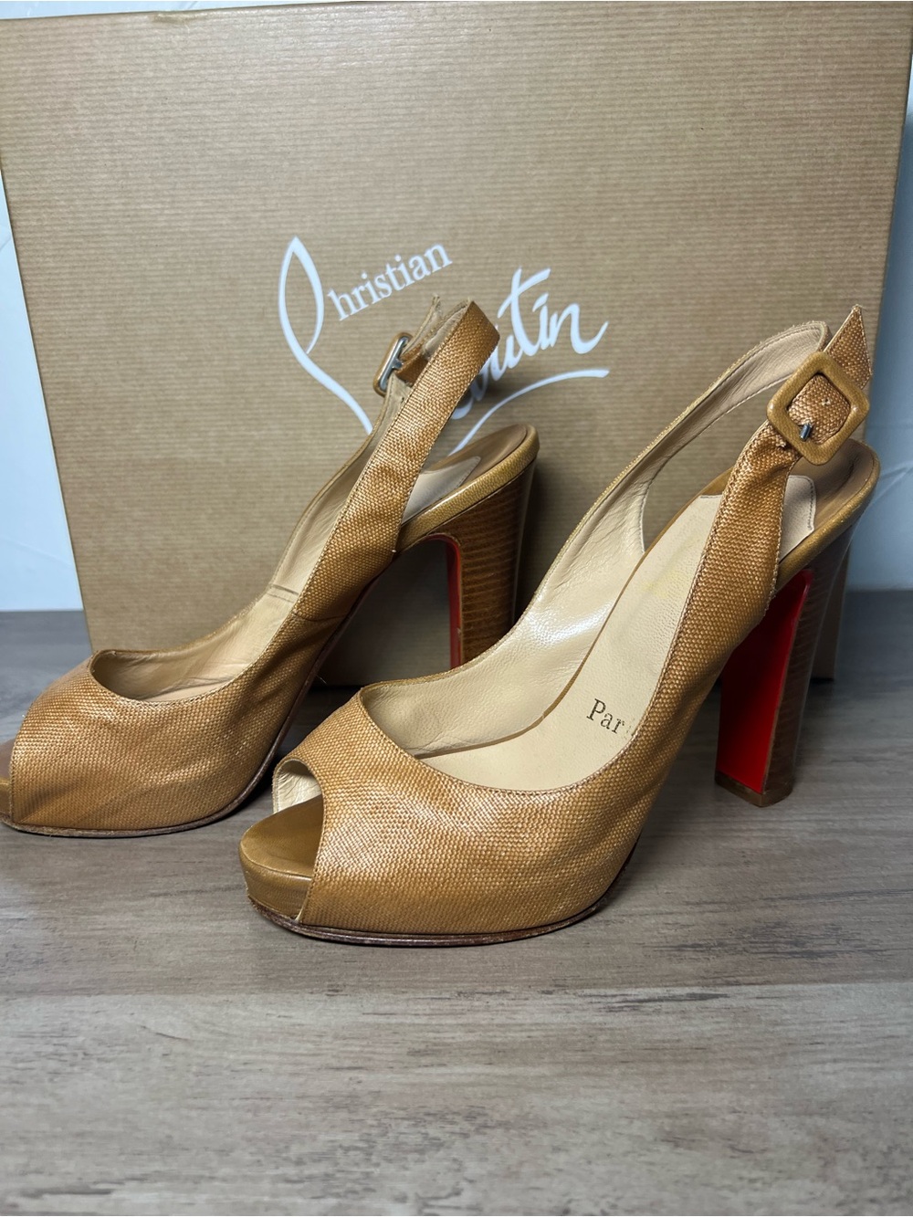 37.5 Christian Louboutin Tan Open-Toe Slingback Heels with Red Soles